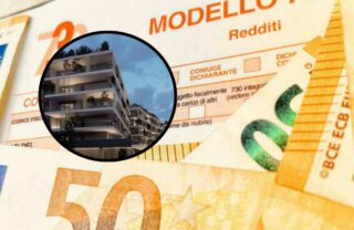 Delle banconote da 50 euro su un modello 730 e in evidenza un palazzo nuovo