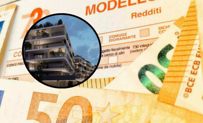 Delle banconote da 50 euro su un modello 730 e in evidenza un palazzo nuovo