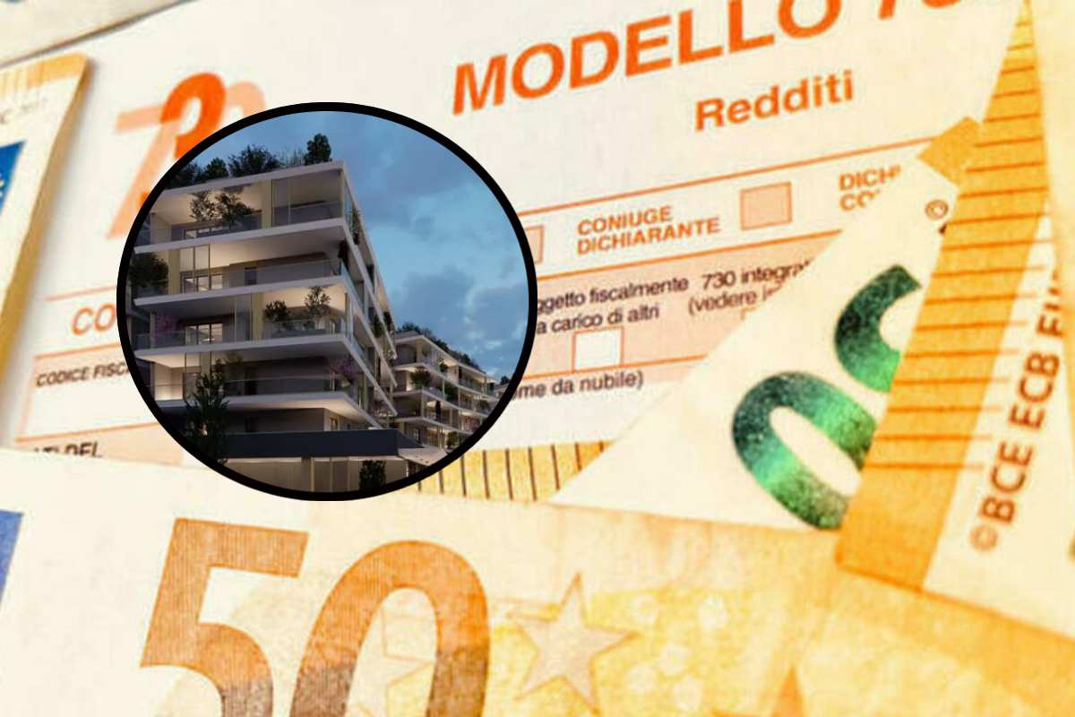 Delle banconote da 50 euro su un modello 730 e in evidenza un palazzo nuovo