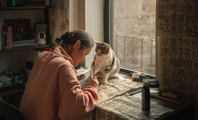 Ragazza che scrive su una scrivania con un gattino che le tocca la matita