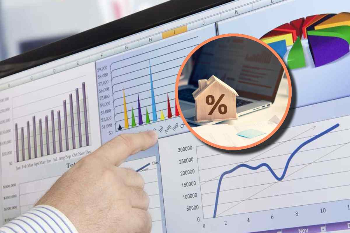 Percentuali su uno schermo e, in evidenza, una casetta di legno